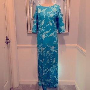 Vintage 1960s 1970s Kapaia Stitchery Hawaiian Maxi Dress Turquoise EC